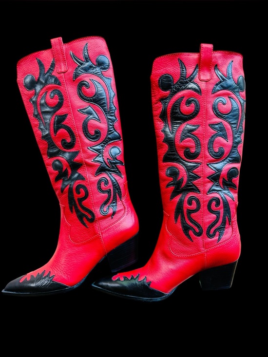 J.Renee Shoes - RARE Vintage J. Renee ROGERS Red Black Leather Cowboy Boots 7.5W NIB Flame Y2K